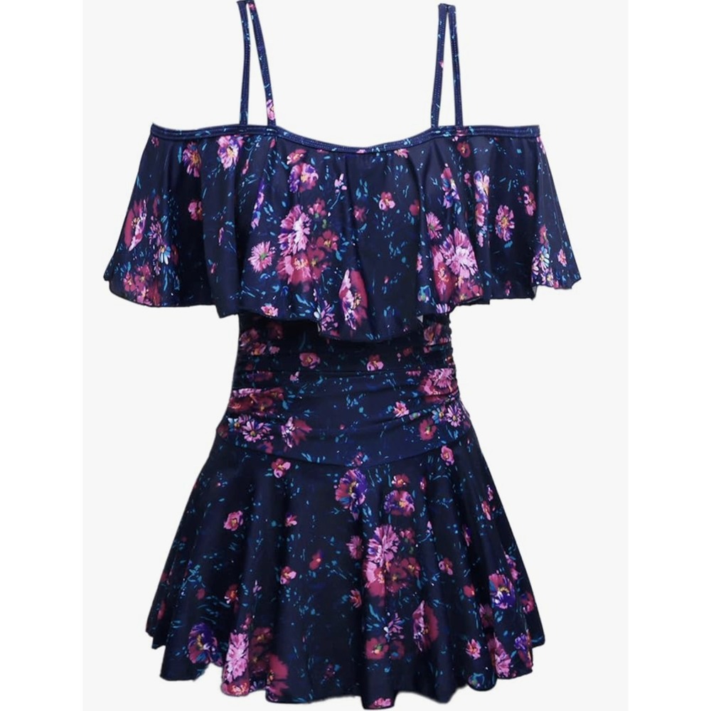 CocoPear Women's One Piece Swimsuit 2XL Black Multi Floral Off Shoulder Flounce‎